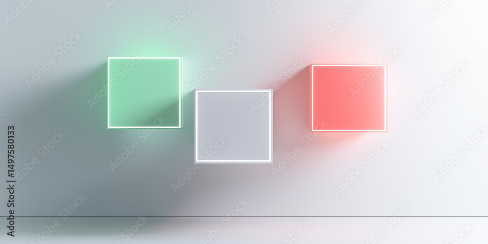 Poster three empty glowing square frames hanging on white wall