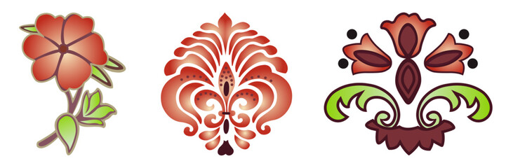 Decorative Floral Vector Set, Ornamental Red and Green Beautiful Flower Elements