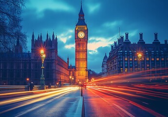 Obraz premium Big ben and the houses of parliament at dusk with light trails in london england