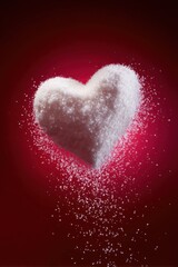 White sugar forming a heart shape on red background, Valentine theme