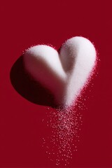 White sugar forming a heart shape on red background, Valentine theme