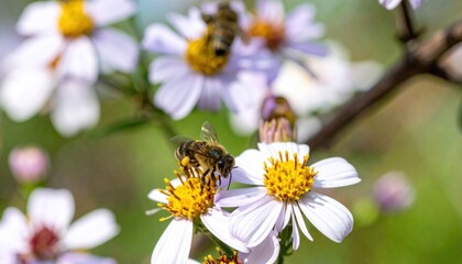 Bees Gathering Nectar from Delicate White and Yellow Flowers in Sunny Garden