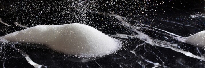 White sugar sprinkled over black marble surface, abstract lines