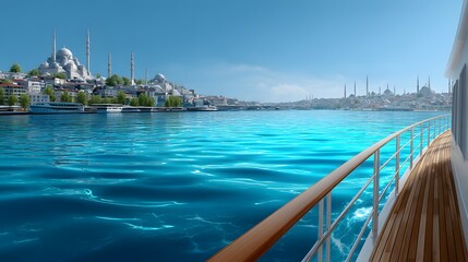 Obraz premium Charming cityscape view from a boat gliding through serene waters on a sunny day