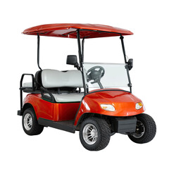 A vibrant red electric golf cart, two-seater, with a protective canopy