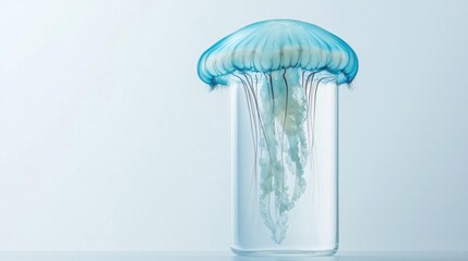 Photograph of a jellyfish in a glass jar. the jellyfish is in the center of the image, with its body facing towards the left side of the frame.