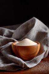 Wooden bowl of sugar on a striped kitchen cloth, rustic scene