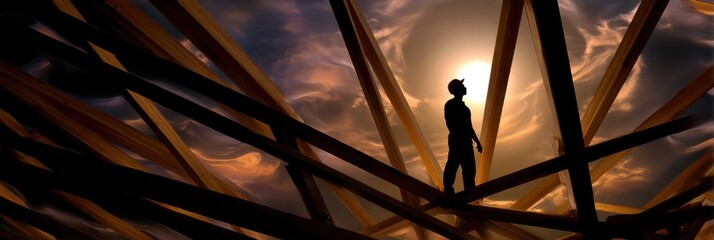 wooden structure coming together, sun behind silhouette of worker