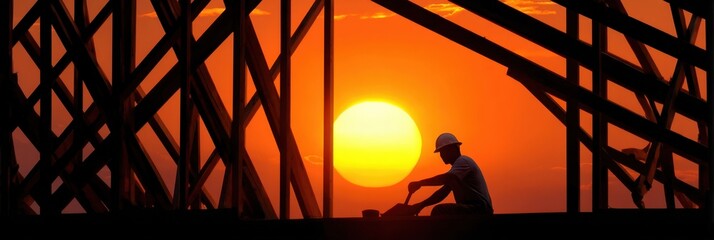 wooden structure coming together, sun behind silhouette of worker