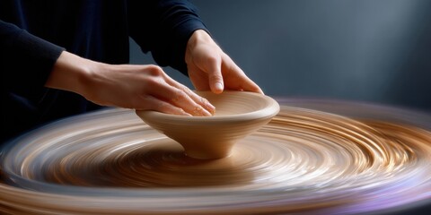 woodturning on lathe, soft motion blur, artisan's hands guiding shape