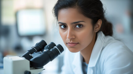 Female Scientist Using Microscope for Biomedical Research in High-Tech Laboratory