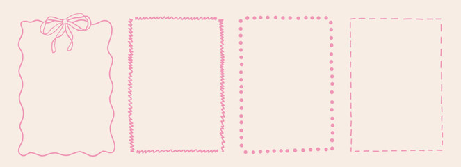 Set of outline scallop frame border in doodle style. Retro frame with wavy red border. Brush hand drawn rectangle with dots and line.