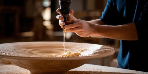 woodworking tools in action, artisan shaping detailed wooden piece, warm tone workshop lighting