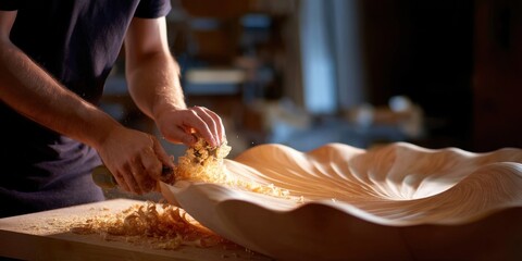 woodworking tools in action, artisan shaping detailed wooden piece, warm tone workshop lighting