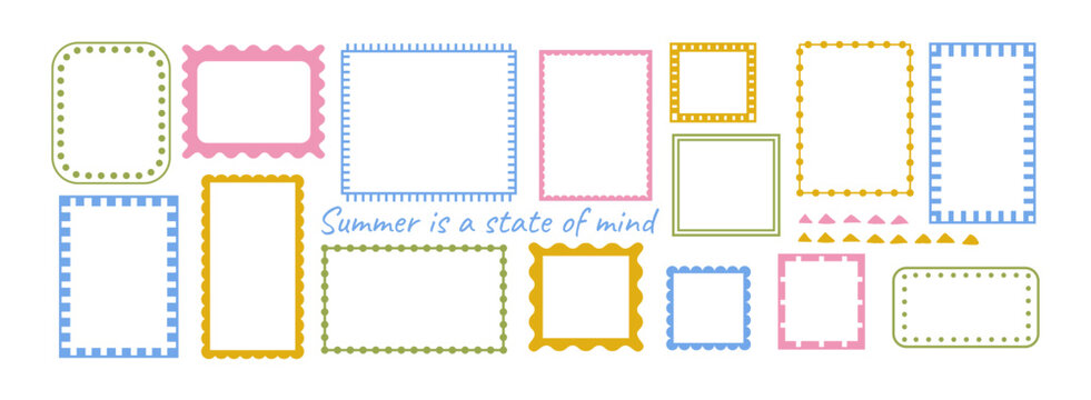 Stamp or letter mark inspired frames for greeting cards. Hand drawn ornament borders with wavy scallop line for social media decoration template.