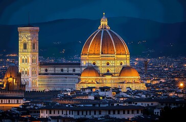 Illuminated duomo florence italy at night showcasing renaissance architecture in the cityscape