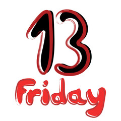 Hand drawn lettering Friday 13. Decorative vector lettering in doodle style for Halloween party, design, stickers, posters, print. Handwritten creepy number in black and red colors. Isolated on white.