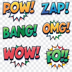 Pop Art Expressions Icon PNG   POW, ZAP, OMG, BANG, OUCH, WOW Comic Speech Bubble Set © image stock