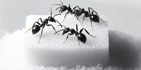 Black ants eating sugar cube on white background