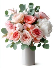 Fototapeta premium Romantic Bouquet of Pink and White Roses with Eucalyptus Greens