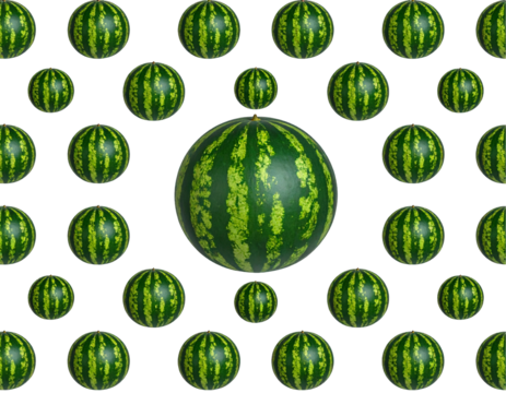 A large watermelon surrounded by smaller ones in a repeating pattern against a black background