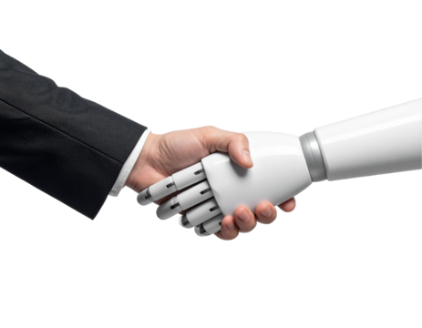 Human hand shakes a robotic hand, symbolizing collaboration