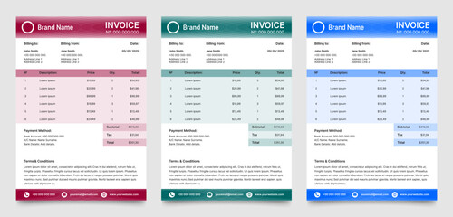 Set of Invoice templates. Payment agreement, corporate bill, receipt. Business template, A4 format ready to print. Teal green, blue and red banners with abstract pattern	
