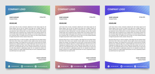 Set of Letterhead templates. Cover letter, corporate mail, newsletter. Business template, A4 format ready to print. Green, purple and blue gradient banners with geometric pattern	