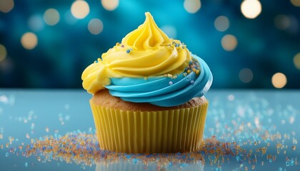 delightful blue and yellow swirl cupcake with sprinkles and melted icing a festive treat
