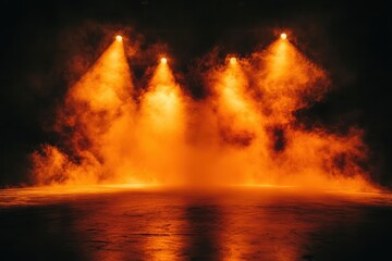 Stage lights beam through orange smoke on a dark, reflective surface. Use this for concerts, Halloween, or dramatic lighting concepts.