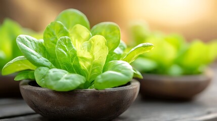 Fresh green lettuce in rustic bowls