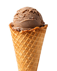  Scoop of chocolate ice cream in waffle cone, slightly melting isolated on a transparent background.