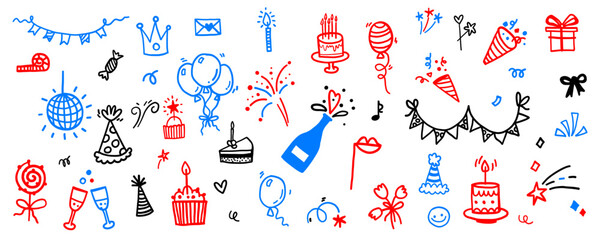 Happy Independence Day 4th of July vector doodle illustrations. Party holiday United States of America firecrackers, cupcake, cakes, balloons collection. © Alina Nikitaeva