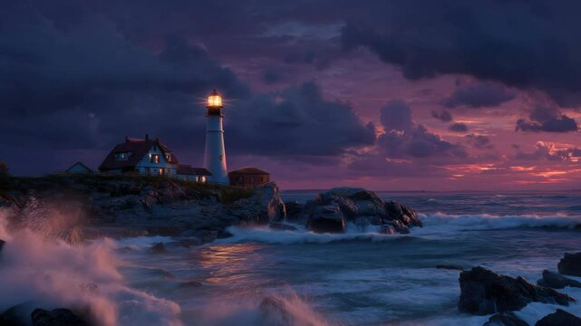 Coastal lighthouse stands against a dramatic dusk sky as ocean waves crash against the rocky shore