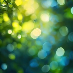 Obraz premium A defocused abstract background in green and blue hues, illuminated by sunshine, capturing the essence of eco-friendly nature.