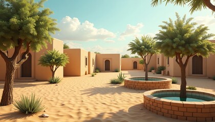 Desert Courtyard with Trees and Buildings