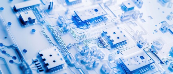 Arctic white cobalt blue wafer circuits complex microchip layout clinical environment premium quality signature.