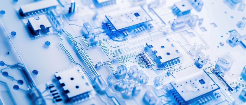 Arctic white cobalt blue wafer circuits complex microchip layout clinical environment premium quality signature.