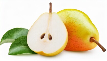 green yellow pear fruit with pear half and green leaf isolated on transparent background full depth of field
