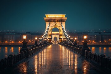 Obraz premium Illuminated chain bridge in budapest at dusk reflections on wet pavement night scenery