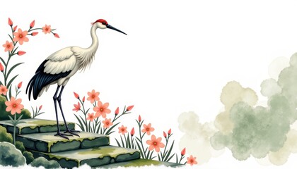 Naklejka premium Crane standing on stone steps surrounded by flowers in ink drawing 