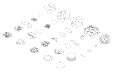 A series of drawings of food and plates. The drawings are all different sizes and shapes. Scene is playful and whimsical