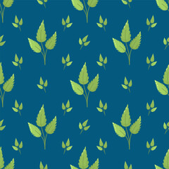 Green leaf seamless square cropped pattern illustration suitable for backgrounds and textile designs. Variety of leaf shapes and sizes. Changeable blue background. Elegant texture.