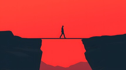 A solitary figure walks across a narrow bridge spanning a deep chasm against a dramatic red sky.