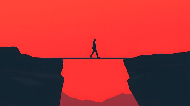 A solitary figure walks across a narrow bridge spanning a deep chasm against a dramatic red sky.