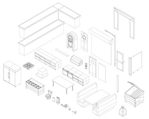 A drawing of a room with a couch, table, and chairs. The couch is missing a cushion. Isometric view. 3D