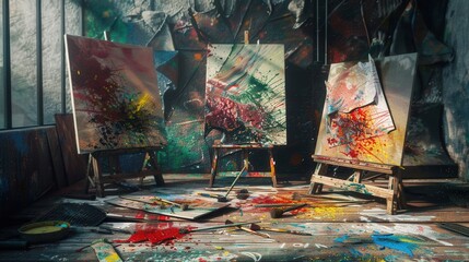 Dramatic artist's studio with torn canvases, spilled paint, broken brushes, dusty atmosphere modern elements.