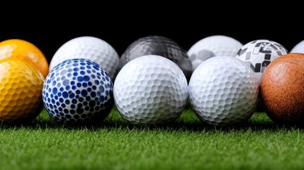 Collection of various golf balls with different designs on a grassy surface