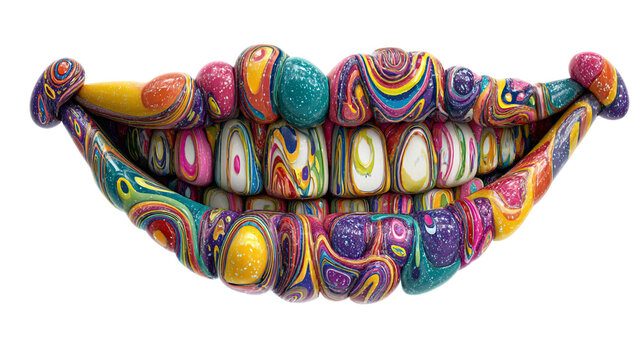 A vibrant and colorful mouth with teeth made of swirling paint against a black background art piece