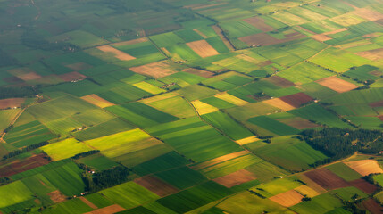 Aerial view of vast farmland with green crops divided into neat plots, symbolizing land leasing contracts and sustainable agriculture. Agricultural business concept.